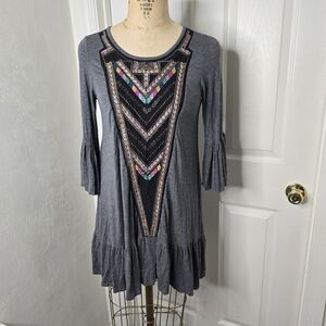 Gray embroidered knit Womens dress ruffle hem bell sleeves S‎